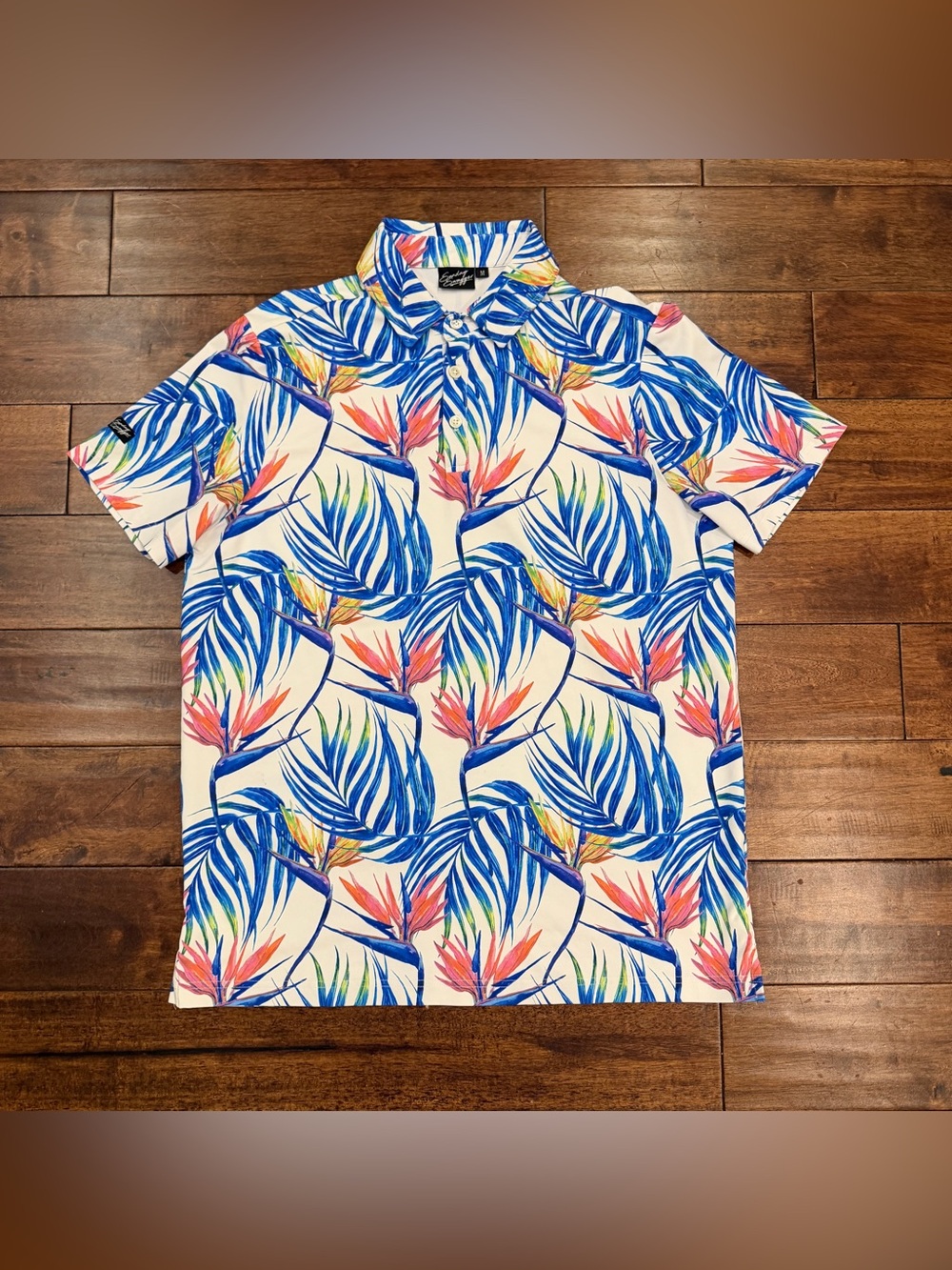 SUNDAY SWAGGER Polo Golf Shirt Men's M White Multicolor Bird of Paradise